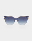 Introducing the For Art's Sake® Kelly: a pair of stylish cat-eye aviator sunglasses with gradient blue lenses. The frames are metallic gold and thin, and the lenses feature a subtle transition from a darker shade at the top to a lighter shade at the bottom. Perfect for achieving that retro-futuristic style and lounging poolside during your vacation against a plain white background.