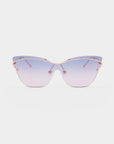 Introducing the Kelly by For Art's Sake®: a pair of stylish, retro-futuristic cat-eye sunglasses featuring gradient lenses that transition from blue at the top to clear at the bottom. These sunglasses boast thin pink metal frames and delicate nose pads for an elegant look.