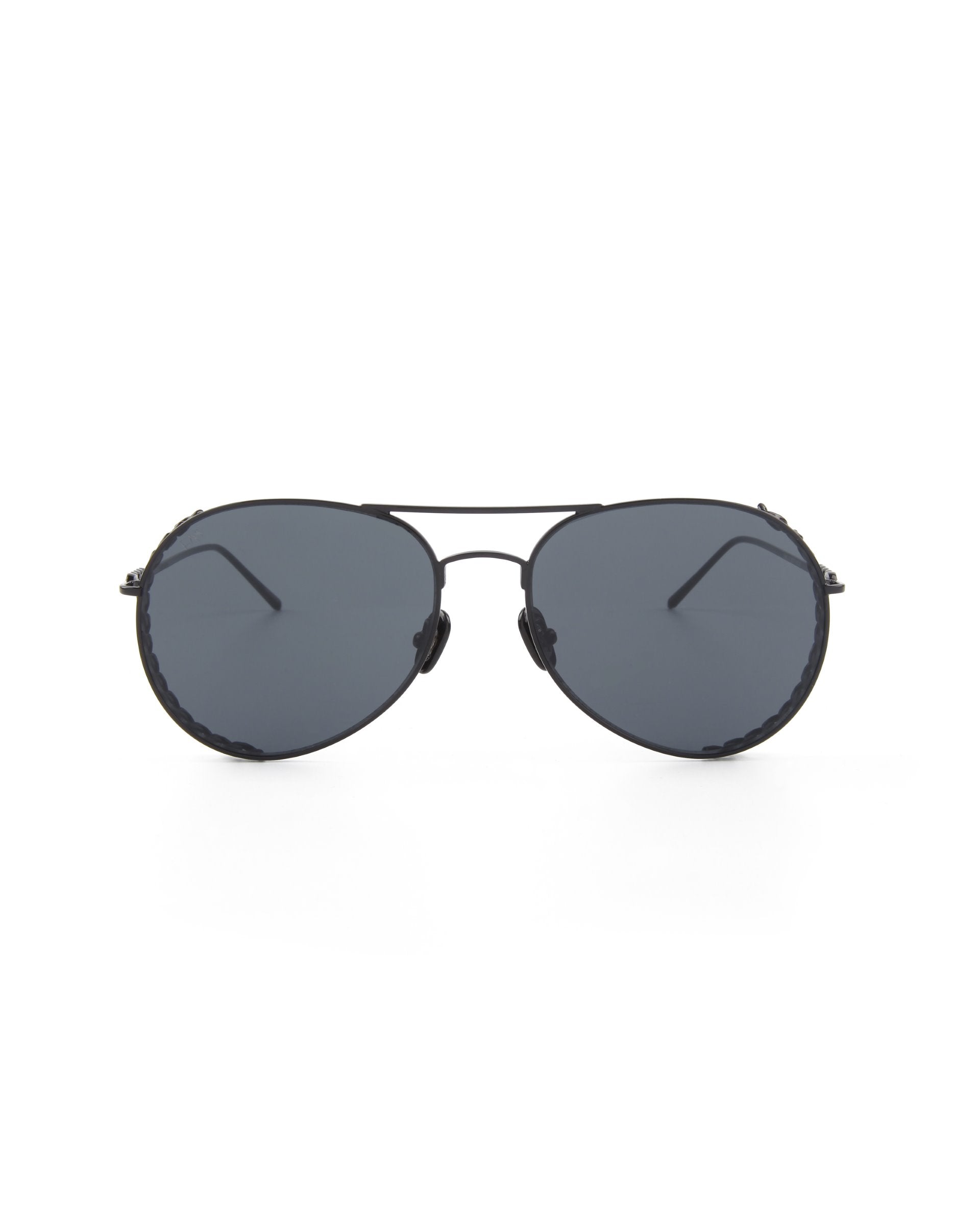 A pair of For Art's Sake® Links sunglasses with slightly convex nylon lenses and a sleek black metal frame. The sunglasses feature gold plated stainless steel temples and an adjustable nose bridge, designed for a classic and stylish look that enhances the traditional aviator style.