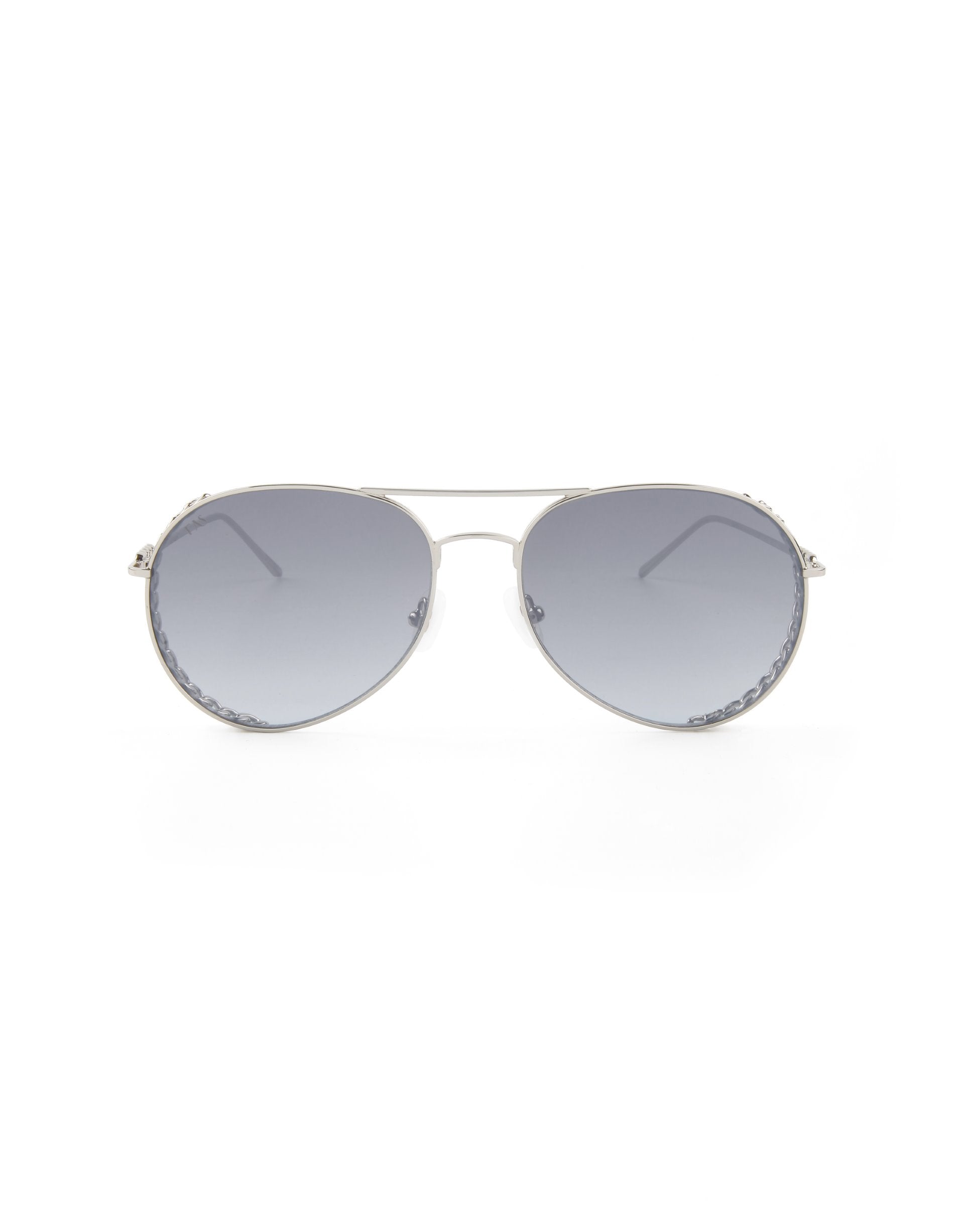 A pair of gold plated stainless steel aviator sunglasses with dark gradient nylon lenses. The Links by For Art's Sake® have thin metal frames and nose pads, giving them a classic, sleek appearance.