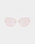 The Meow sunglasses by For Art's Sake® are stylish, oversized cat-eye frames featuring tinted pink nylon lenses. The thin, delicate stainless steel frames have a light pink metallic finish, and adjustable nosepads ensure a perfect fit. This modern and chic design is sure to turn heads.