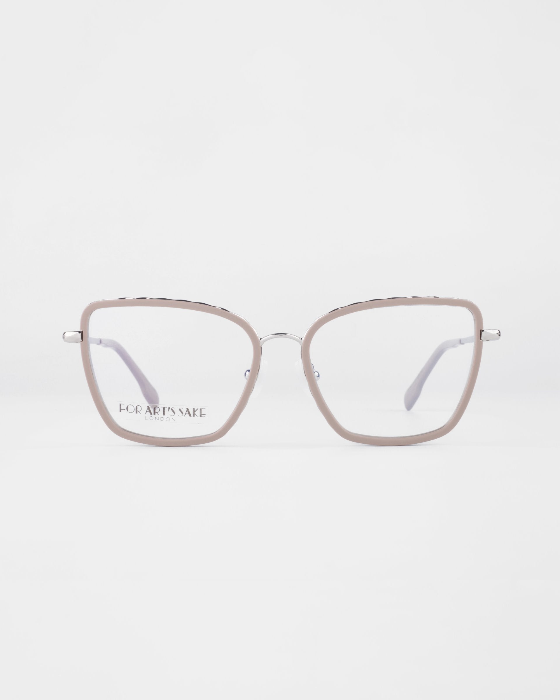 A pair of square-framed eyeglasses with thin, light pink rims and clear prescription lenses. The temple arms are silver with white end tips. The words &quot;For Art&#39;s Sake®&quot; are faintly visible on one of the lenses. The background is plain white. The product name is Lace from For Art&#39;s Sake®.