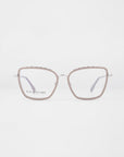 A pair of square-framed eyeglasses with thin, light pink rims and clear prescription lenses. The temple arms are silver with white end tips. The words "For Art's Sake®" are faintly visible on one of the lenses. The background is plain white. The product name is Lace from For Art's Sake®.