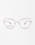 A pair of Lady by For Art's Sake® eyeglasses with rose gold metal frames and clear lenses. The frame features a modern, geometric cat-eye silhouette with subtle design details on the temples, set against a plain white background.