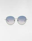 A pair of stylish For Art's Sake® round sunglasses, named Lemon, featuring thin green-tinted frames and gradient blue lenses with jadestone nose pads, placed on a plain white background.