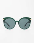 Front view of a pair of dark green round sunglasses called Muse by For Art's Sake®, with dark tinted, shatter-resistant nylon lenses. The frame boasts a sleek design made from handmade plant-based acetate, highlighted by small 18-karat gold-plated accents on the temples. The background is plain white, emphasizing the stylish eyewear.