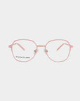 Mila Pink octagonal metal-framed eyeglasses by For Art's Sake® feature a delicate gold nose bridge and jade stone nose pads, with "FOR ART'S SAKE" in black on the inside of one clear lens, capturing their artistic optical charm.