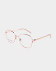 The For Art's Sake® Mila Pink glasses feature a modern design with pink-rimmed hexagonal frames, thin golden temples, and clear lenses on a white background. They include adjustable jade stone nose pads for comfort.