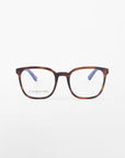 A pair of brown tortoiseshell rectangular eyeglasses with blue-tinted arms is displayed against a plain white background. Made from plant-based acetate, the phrase "FOR ART'S SAKE" is visible on one of the lenses, highlighting their eco-friendly appeal. The model name for these eyeglasses is Molten by For Art's Sake®.