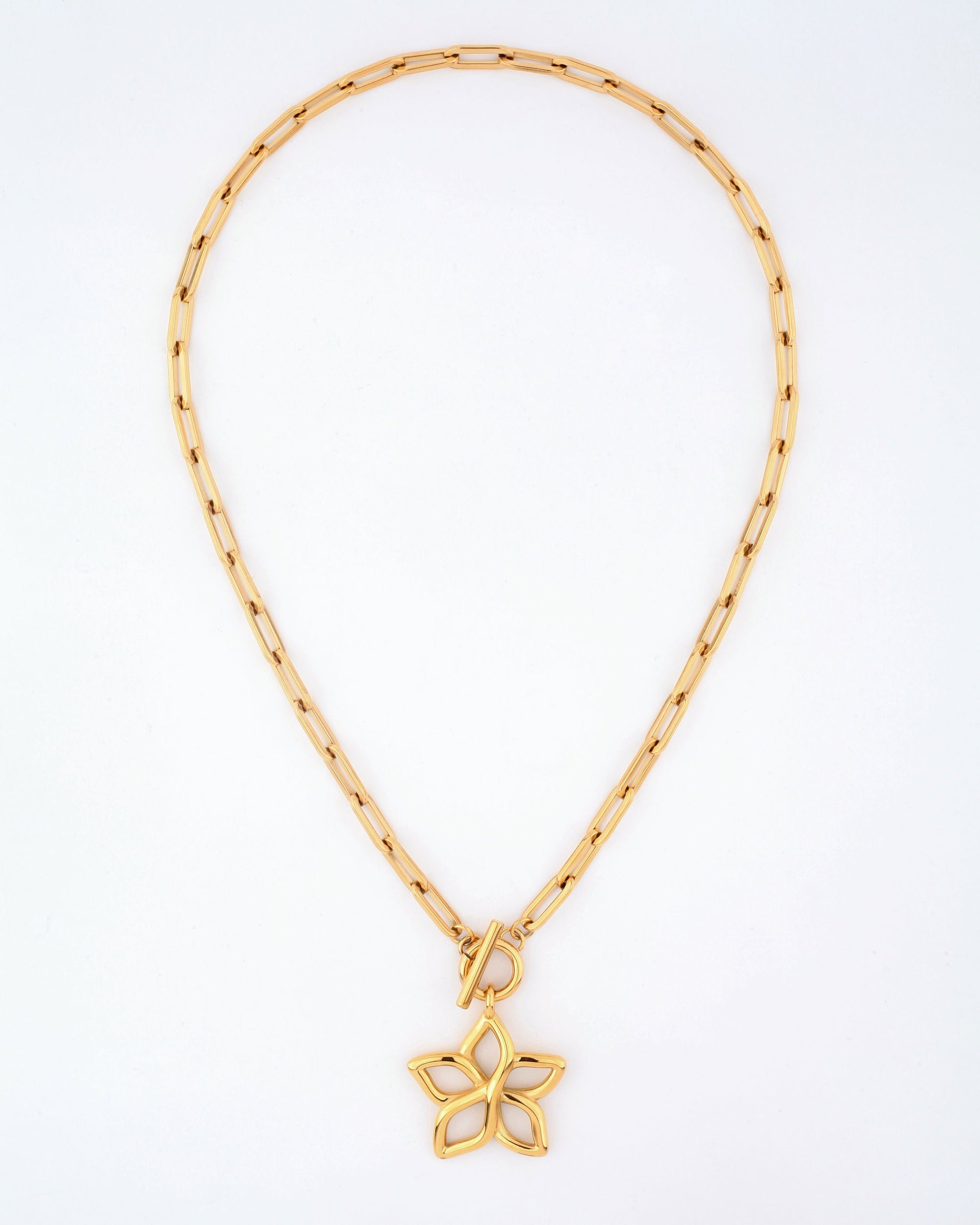 The Plumeria Necklace by For Art&#39;s Sake® showcases a sleek and elegant gold chain with rectangular links, adorned with a star-shaped pendant. This sophisticated design measures 49cm in length and is displayed against a plain white background.