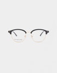 A pair of round Painkiller eyeglasses by For Art's Sake® featuring a thin, gold metal frame with black accents on the top half of the rims and black temple tips. The clear lenses offer a minimalist design with an optional Blue Light Filter for added comfort. The background is plain white.