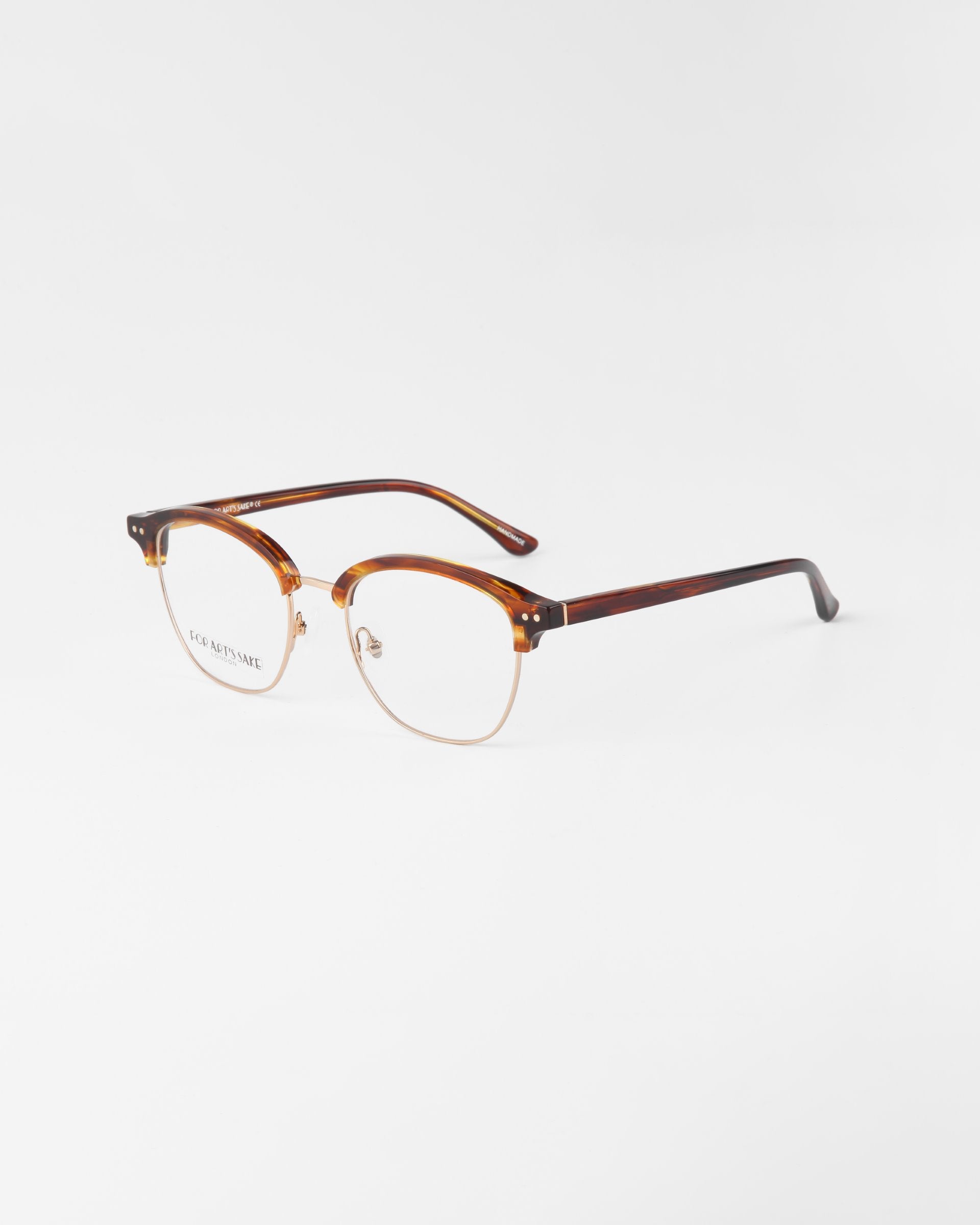 A pair of eyeglasses with a brown upper frame and metal lower rims. The frames have a sleek, modern design and temple arms that match the upper frame color. Featuring Blue Light Filter technology, these glasses are perfect for everyday screen use. The plain white background highlights the Painkiller by For Art's Sake® beautifully.