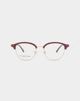 A pair of stylish eyeglasses with burgundy half-rim frames and gold accents on the temples. The clear lenses, featuring a subtle brand logo "For Art's Sake®" on the left lens, include a blue light filter for added eye comfort. The plain white background highlights the Painkiller beautifully.