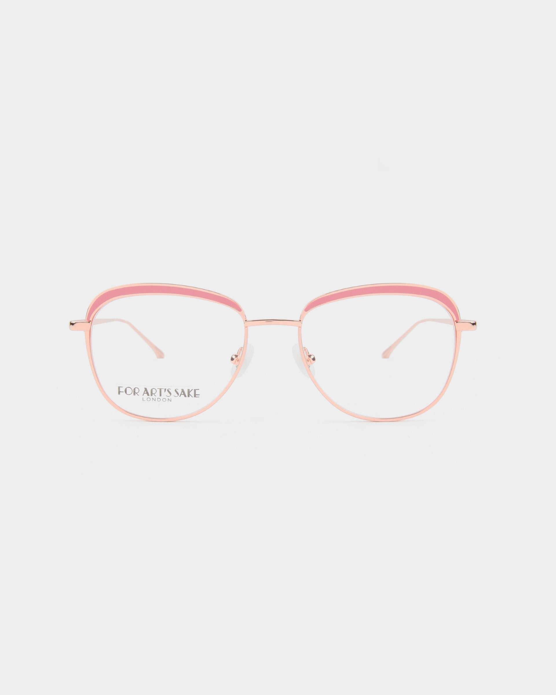 A pair of stylish Smoothie eyeglasses with rose gold wire frames and pink acetate accents along the top, featuring 18-karat gold plating for an added touch of luxury. The lenses are clear, with &quot;LONDON&quot; and &quot;FOR ART&#39;S SAKE®&quot; visible on the left lens. The background is plain white.