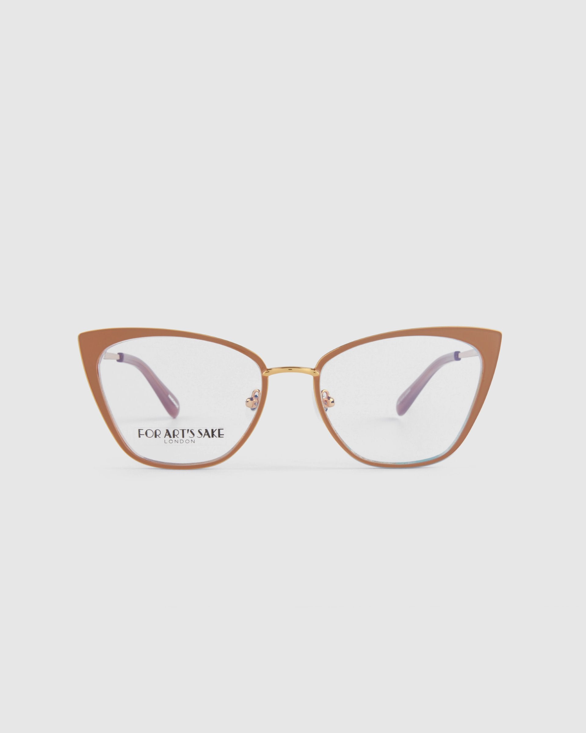 A pair of stylish eyeglasses with cat-eye frames. The frames are primarily brown with thin, 14kt gold plated detailing around the lenses. The temples have a matching purple color. The left lens features the product name &quot;Stella Two&quot; and the brand name &quot;For Art&#39;s Sake®&quot; in black text.