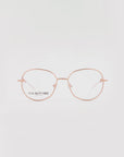 A pair of gold-plated stainless steel eyeglasses with round clear lenses. The glasses have thin gold temples and a lightweight design. The brand name "For Art's Sake®" and "LONDON" are printed on the left lens. This handmade Jasmine eyewear features a white, clean background for showcasing elegance.