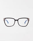 The Below Zero by For Art's Sake® are unisex rectangular eyeglasses featuring a black frame with modern flair and metallic arm accents. Inside, the bright blue creates striking contrast, all against a plain white background.