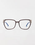 The Below Zero eyeglasses by For Art's Sake® combine a square brown frame with blue temples and beige-black striped hinges, offering a modern unisex style that stands out against a white backdrop.