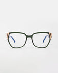 The Below Zero by For Art's Sake® features green rectangular eyeglasses with modern gold and black striped accents on the temples, set against a plain white background. This unisex style is completed with chunky blue acetate opticals.