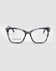 Introducing the Paris Two eyeglasses by For Art's Sake®, featuring a sleek black and grey marbled frame with clear lenses that incorporate advanced blue light filter technology. The "FOR ART'S SAKE" text is elegantly visible on one of the lenses, all set against a minimalist, light grey backdrop.