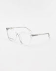 Clear, rectangular For Art's Sake® Cadenza optical glasses with transparent frames on a white background. The glasses have a simple and minimalist design, with sleek, thin, and unobtrusive arms.