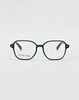 Green cat-eye optical glasses on a white background.