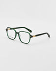 Green cat-eye shaped optical glasses on a white background facing sideways accentuating the gold temples.