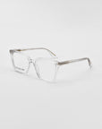 Clear rectangular optical glasses facing sideways on a white background. 