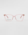 A pair of light pink eyeglasses with a slight cat-eye shape and gold accents on the temples, crafted from glossy acetate. The phrase "For Art's Sake® Azure" is visible on the inner side of one of the lenses. The background is plain white.