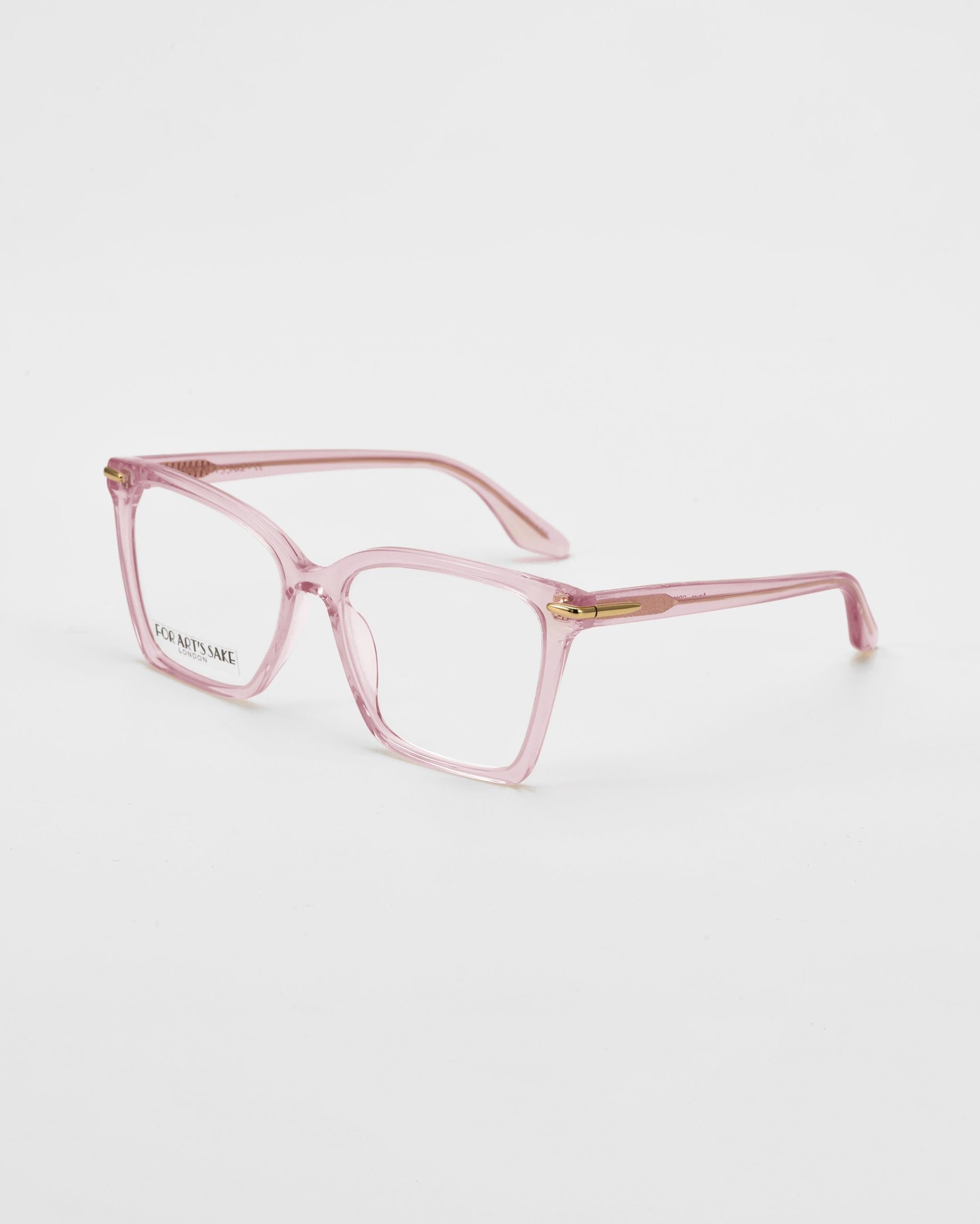 A pair of pink, rectangular eyeglasses with glossy acetate frames and clear lenses. The glasses have metal accents on the hinges and arms. The words &quot;For Art&#39;s Sake®&quot; are visible on one of the lenses. These Azure optical glasses are placed on a white background.