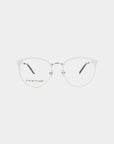 A pair of **For Art's Sake® Olivia Grey** minimalist eyeglasses with round, silver metal frames. The glasses have clear lenses and sleek temples with grey tips. Featuring blue light filter technology, the words "FOR ART'S SAKE" are printed on the left lens. The background is plain white.