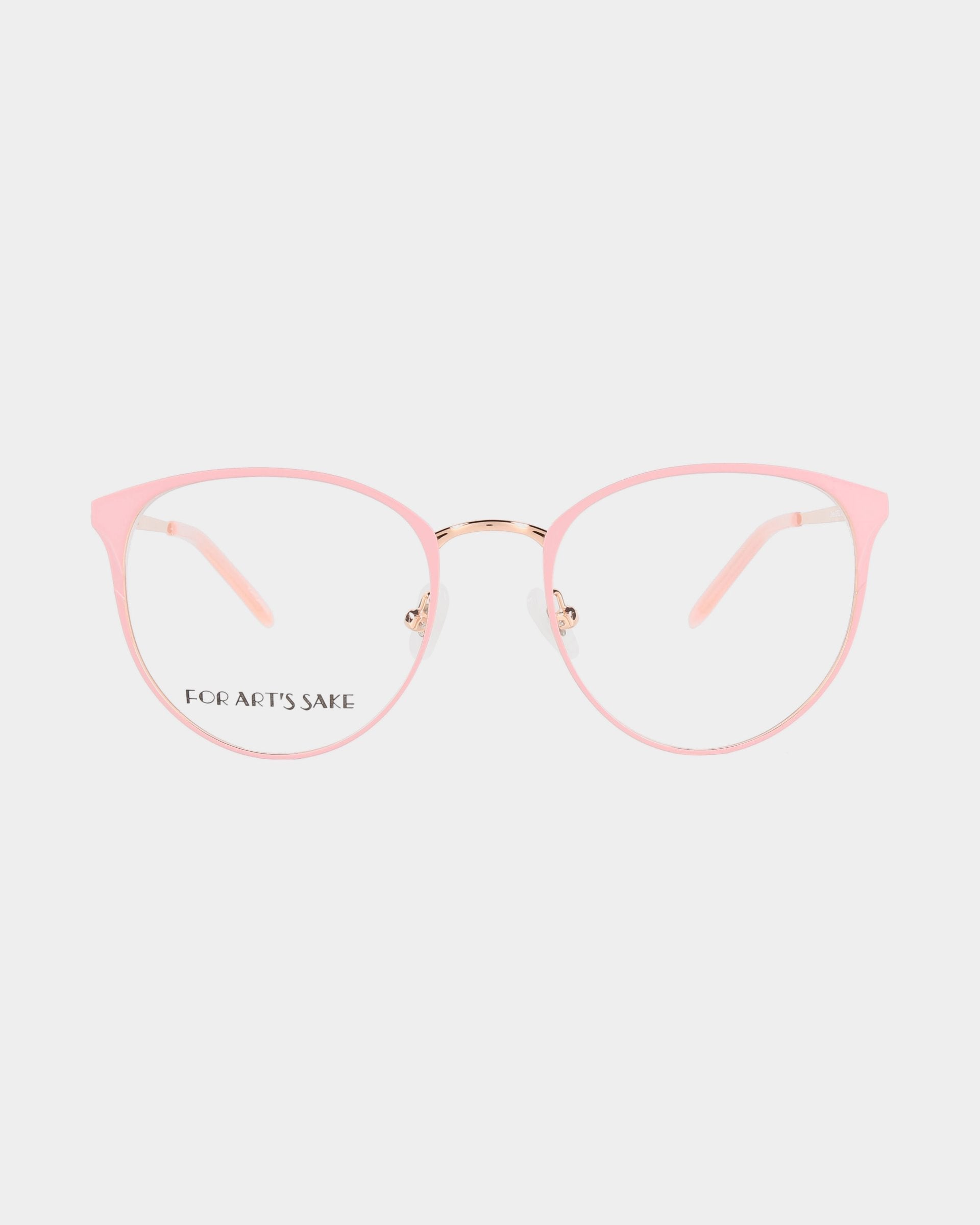 A pair of eyeglasses with round, pink-colored frames and clear lenses featuring UV Protection Lenses against a white background. The brand name &quot;For Art&#39;s Sake®&quot; is printed on the left lens in black. The glasses, named Olivia, have nose pads and a sleek, modern design.