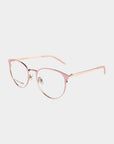 A pair of stylish Olivia eyeglasses with pink metallic frames and clear lenses, featuring a slender rose gold finish extending to the curved ear pieces for comfort. These chic glasses by For Art's Sake® also offer UV Protection, perfect for everyday wear. Set against a plain white background.