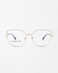 A pair of **Ophelia** eyeglasses with thin, gold metal frames and green accents around the lenses. Featuring a subtle cat-eye silhouette, the clear lenses carry the brand "**For Art's Sake®**" on the inside of the left lens. The glasses are set against a plain white background.