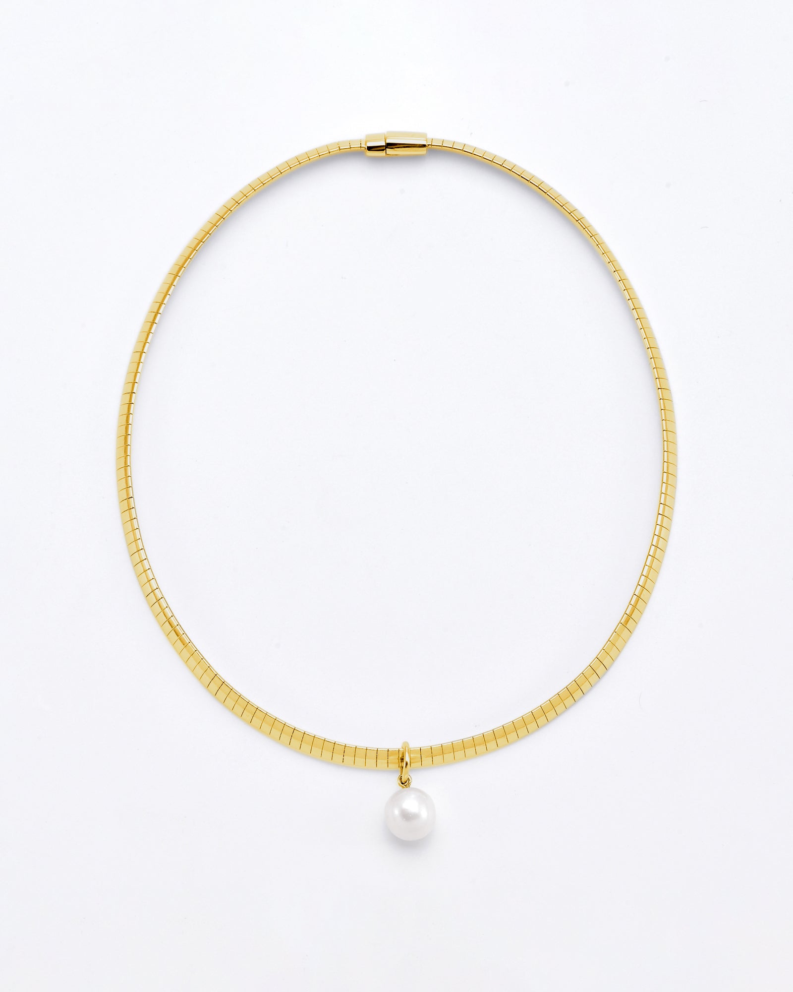 A simple and elegant For Art&#39;s Sake® Orbit Necklace Gold made of 24k gold, featuring a smooth, shiny finish and a single dangling freshwater pearl pendant at the center. The necklace is shown against a plain white background.