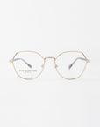 A pair of Orchard eyeglasses with a thin, 18-karat gold-plated frame and round, clear lenses. The brand name "For Art's Sake®" is visible on the left lens. The background is plain white, emphasizing the delicate design of these elegant glasses, which also feature optional prescription lenses.