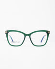 A pair of green-rimmed Paris Two eyeglasses by For Art's Sake® displayed against a plain white background. The glasses have a square frame with blue temple tips and feature a blue light filter for added protection.