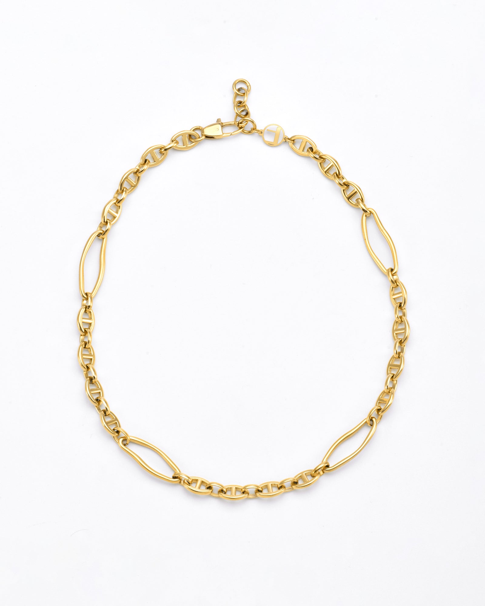 A For Art&#39;s Sake® Portrait Necklace Gold with an alternating pattern of small and elongated oval links. The design is intricate, with each link contributing to an elegant and sophisticated appearance. This portrait necklace features a clasp at the top center, set against a plain white background.