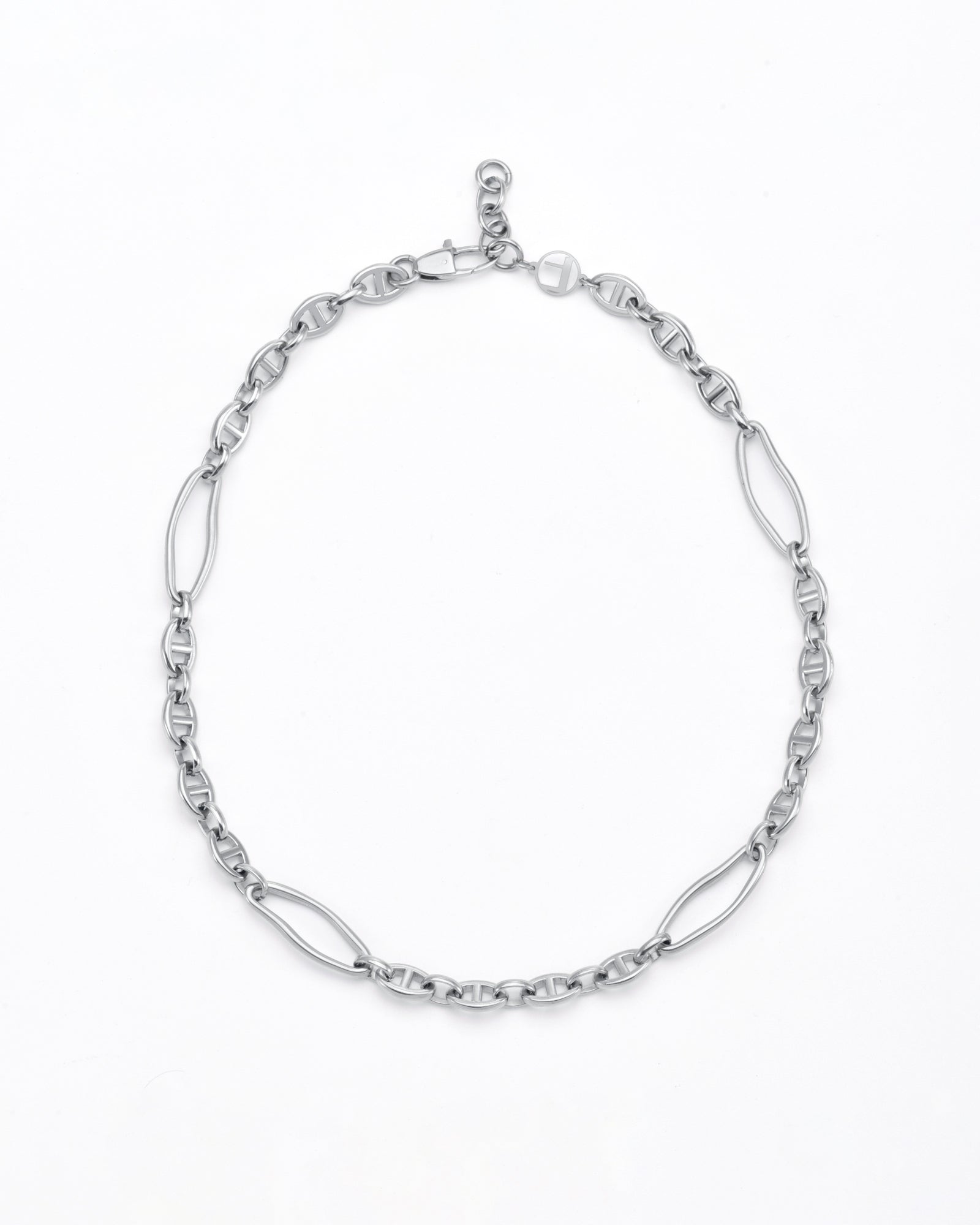 A hypoallergenic silver chain necklace with a mix of oval and rectangular links. It features a small clasp closure at the top. The **Portrait Necklace Silver** by **For Art's Sake®**, perfect for a portrait necklace, is displayed on a plain white background.