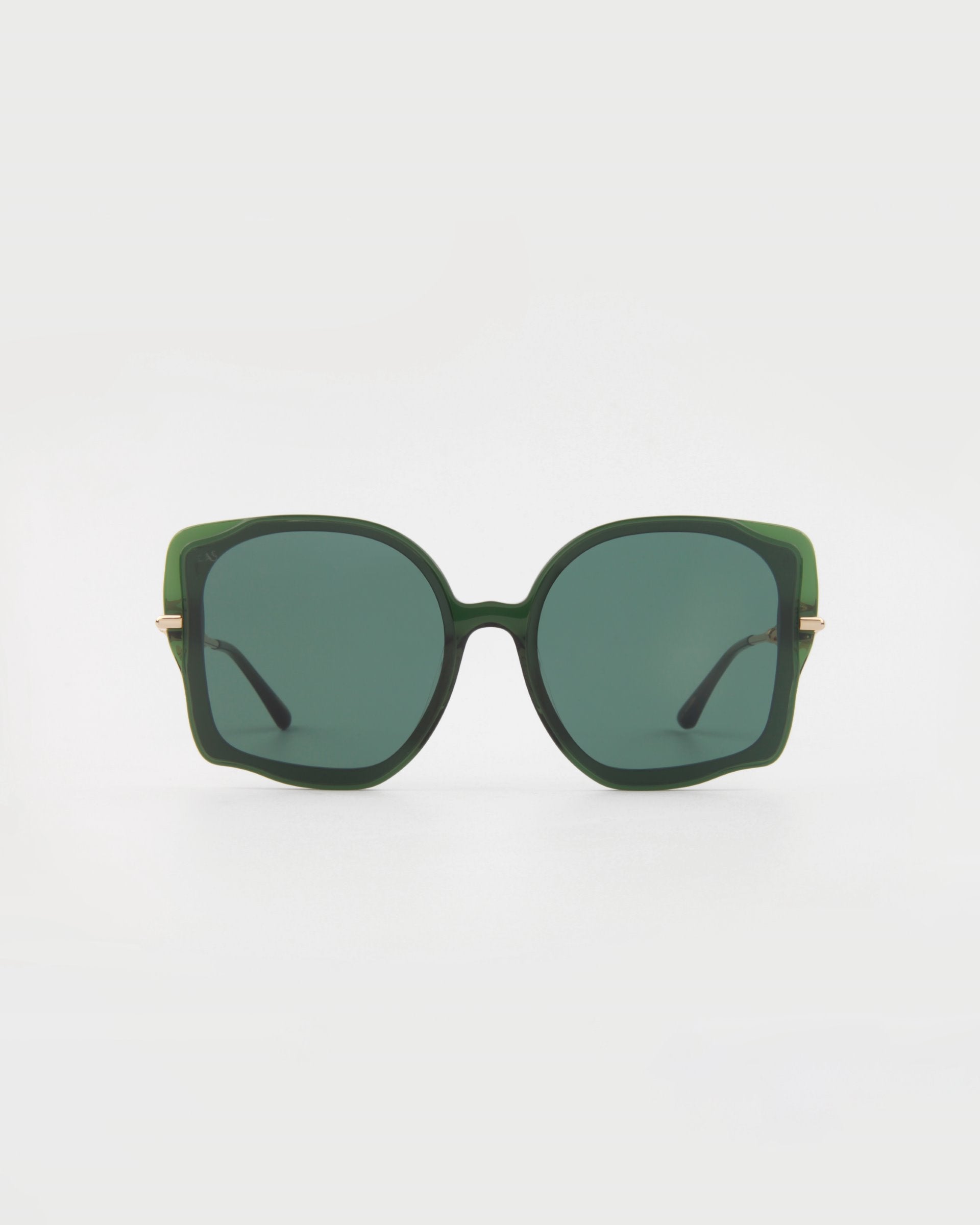 A pair of stylish, oversized square Fahrenheit sunglasses with dark green lenses and matching handmade acetate frames from For Art&#39;s Sake®. The temples feature 18-karat gold-plated accents near the hinges. The Fahrenheit sunglasses are set against a plain white background.