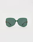 A pair of oversized, square-shaped sunglasses with dark green lenses and handmade acetate green frames is centered on a plain white background. The Voyager sunglasses by For Art's Sake® have black arms, gold accents on the hinges, and offer UVA & UVB protection.