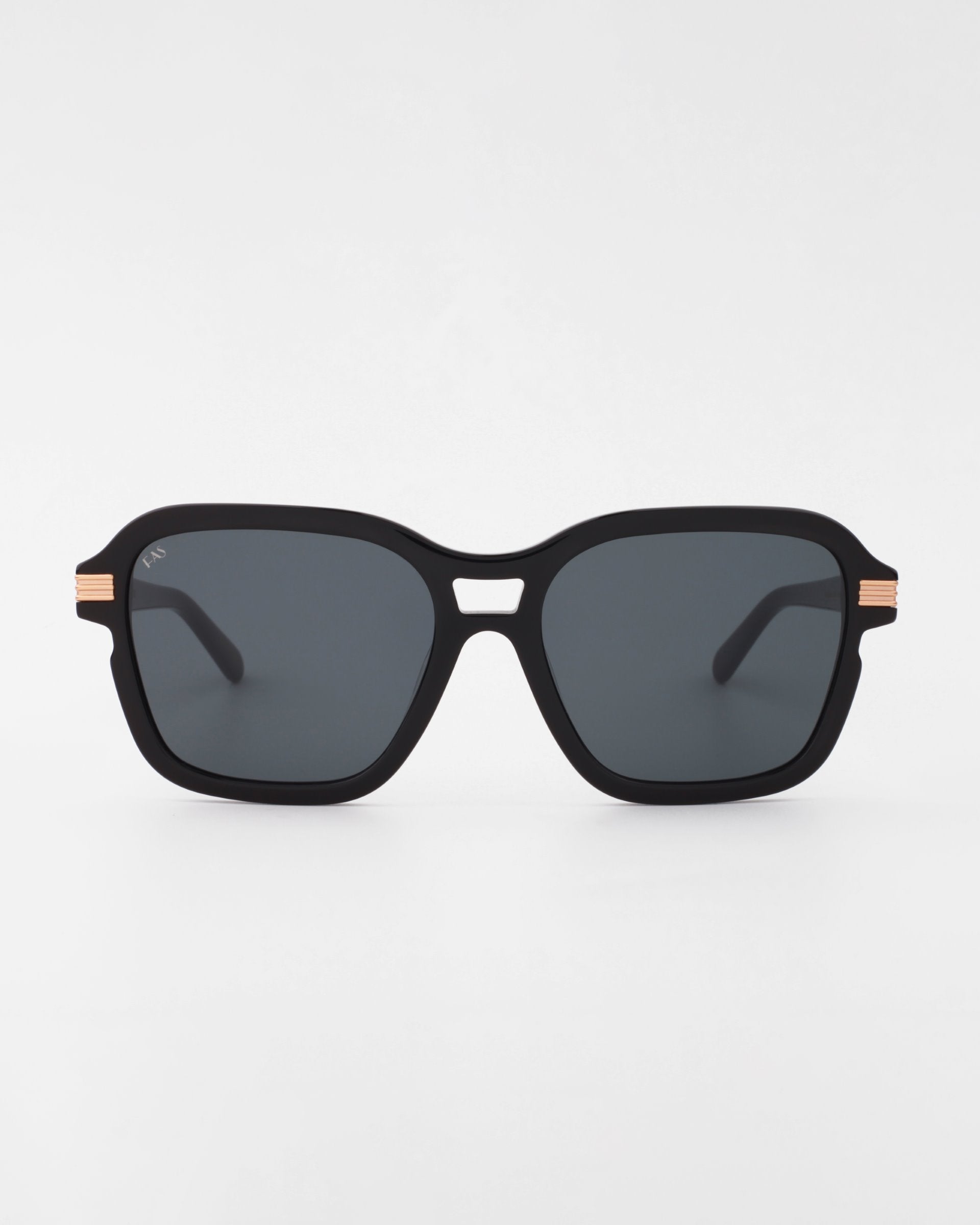 A pair of stylish black square-frame Shadyside sunglasses by For Art&#39;s Sake® with shatter-resistant nylon lenses. The hand-polished acetate temples are decorated with thin horizontal metallic accents near the hinge area. The background is plain white.