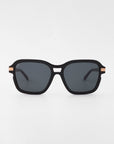 A pair of stylish black square-frame Shadyside sunglasses by For Art's Sake® with shatter-resistant nylon lenses. The hand-polished acetate temples are decorated with thin horizontal metallic accents near the hinge area. The background is plain white.