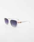 A pair of stylish white sunglasses with square frames, gradient dark to light shatter-resistant nylon lenses, and gold-plated temple detail on the hinges, displayed on a clean white background. The sunglasses are the Shadyside by For Art's Sake®.