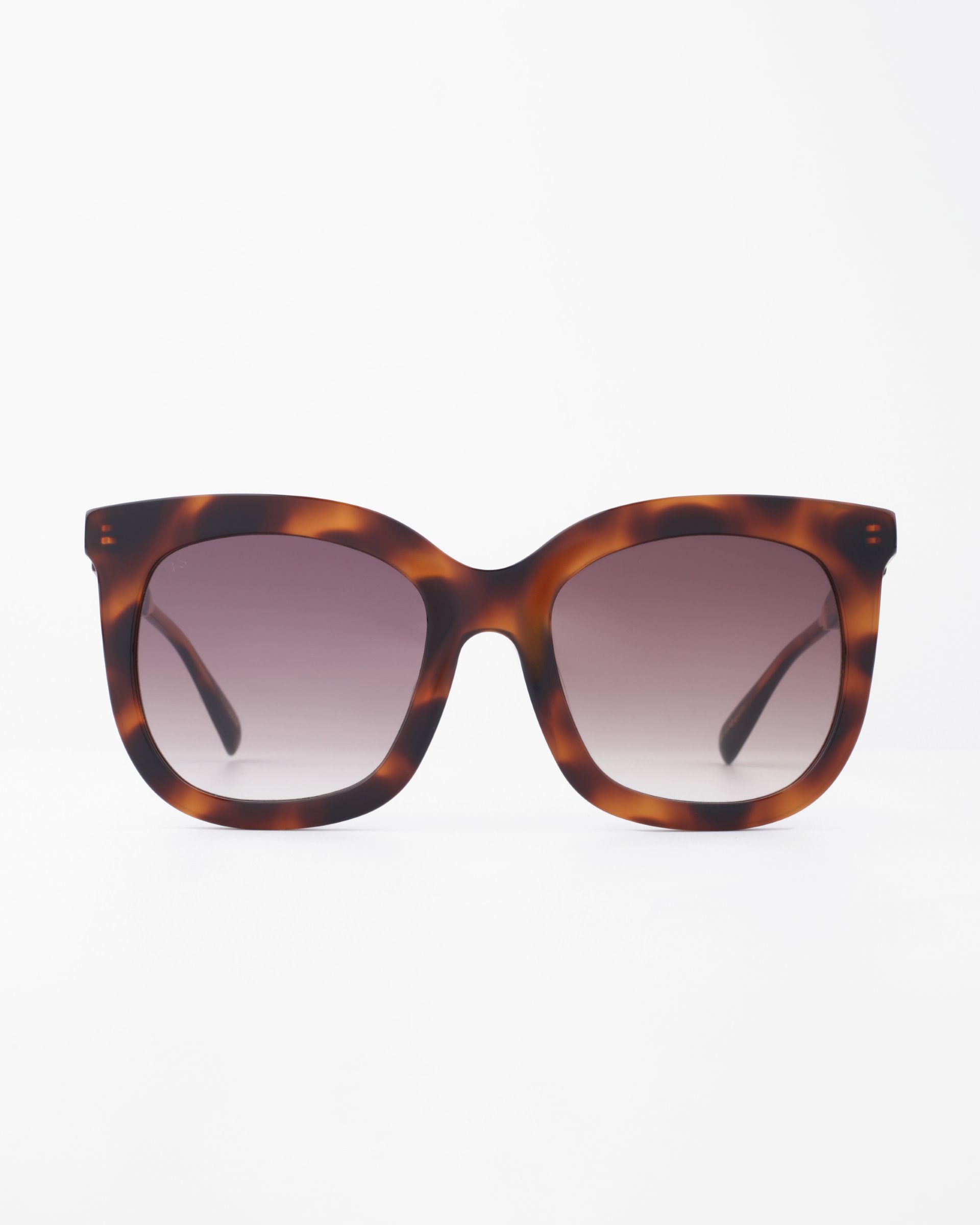 A pair of Riverside by For Art&#39;s Sake® sunglasses with a tortoiseshell handmade acetate frame and dark gradient, shatter-resistant lenses. The square-shaped frame has slightly rounded edges with gold-plated detailing. The background is plain white, highlighting the stylish eyewear.