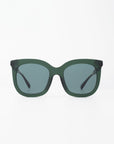 A pair of dark green, rectangular Riverside sunglasses by For Art's Sake® with slightly curved edges and shatter-resistant dark lenses, displayed against a plain white background. The handmade acetate frame features black temples that are slightly visible from this frontal view.