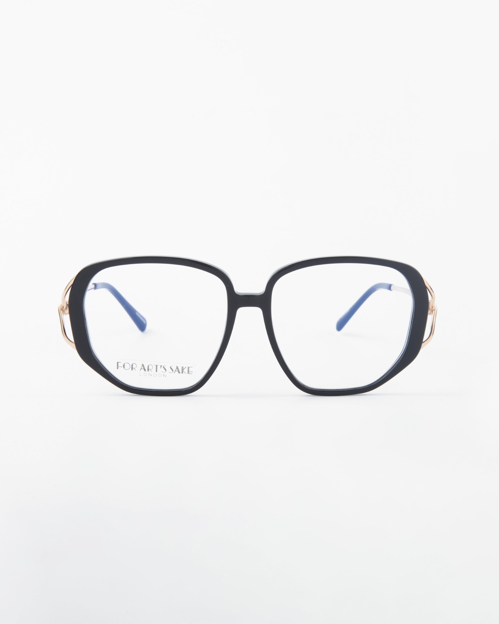 A pair of square-rimmed eyeglasses with black frames and blue temples, incorporating a blue light filter. The brand "For Art's Sake® Remix" is visible on the left lens against a plain white background.