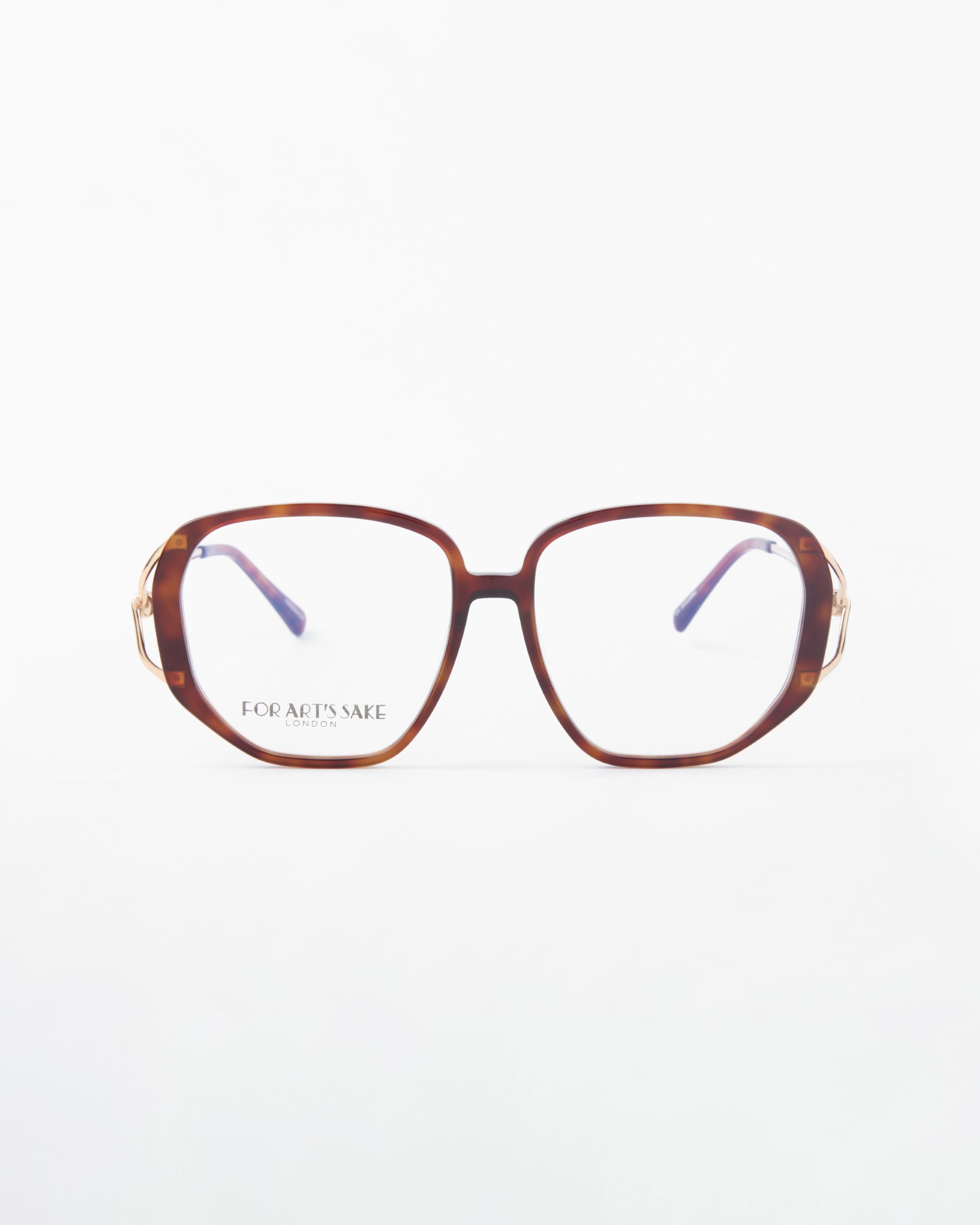 A pair of eyeglasses with large, square tortoiseshell frames and clear lenses is centered on a plain white background. The temples have a slight curve, and the brand name "For Art's Sake®" is visible on the left lens. These stylish Remix frames also offer UV protection, ensuring your eyes stay safe in any light.