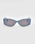 For Art's Sake® presents the elegant Mene sunglasses: luxurious blue rectangular frames with dark lenses, set against a plain white background.