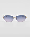 A pair of For Art's Sake® Serpent I rimless sunglasses with gradient blue-tinted lenses and 18-karat gold-plated arms and bridge. The arms have small decorative elements near the hinges. The background is plain white.